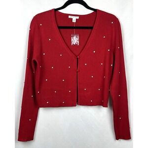 Y2K Revival Red Ribbed Knit Rhinestone Cropped Cardigan Shrug Sweater Medium